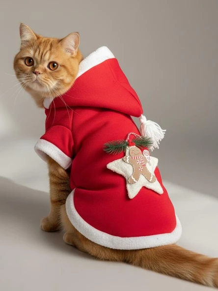 Yılbaşı Kedi Kıyafeti Yıldız Desenli Kırmızı Polar | Kapüşonlu Noel Kedi Kostümü | Kurabiye Temalı ürün görseli 1