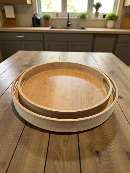 MyBru Yuvarlak Bambu Tepsi 2'li Set - Resim 3