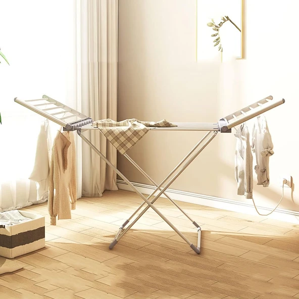 20 Bar Kanatlı Elektrikli Elbise Askısı Portatif İç Mekan Kurutmalık - Havlupan, Katlanır Elektrikli Kurutma Makinesi, X-ayak ürün görseli