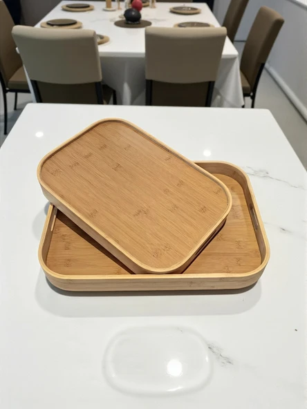 MyBru Dikdörtgen Bambu Tepsi 2'li Set - Resim 4