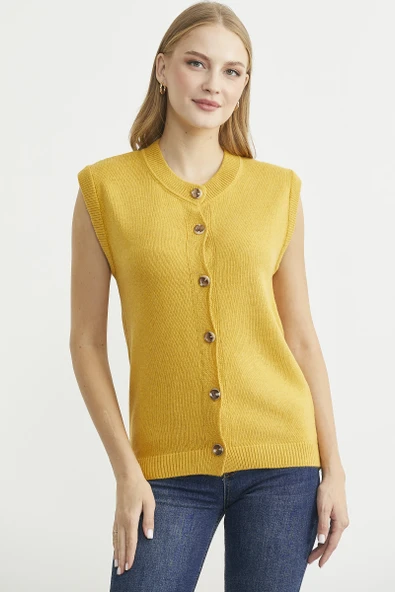 Düğme Kapamalı Yünlü Triko Yelek - Güneş - Resim 3