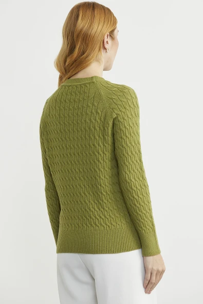 Saç Örgü Motifli Yuvarlak Yaka Triko Kazak - Yeşil - Resim 5