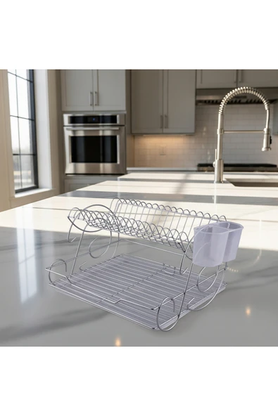 Kiwa Metal Elisa Model 2 Katlı Paslanmaz Krom Bulaşık Sepeti Tabaklık - Bulaşıklık ürün görseli 1