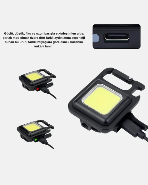 Şarjlı COB LED Anahtarlık Fener – 4 Modlu, Manyetik ve Katlanabilir Standlı - Resim 3