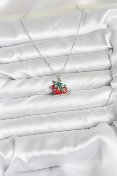 316L Çelik Zincir Gümüş Renk Kızak ve Çam Ağacı Figürlü Yılbaşı Temalı Kadın Ke - Resim 2