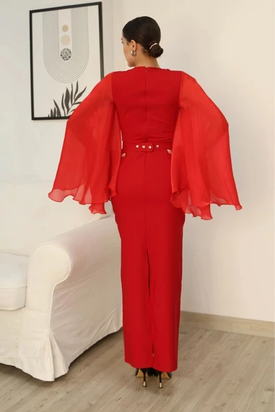 Dekoltesi İşlemeli Pelerinli Kol Abiye Elbise 2349-Kırmızı - Resim 6