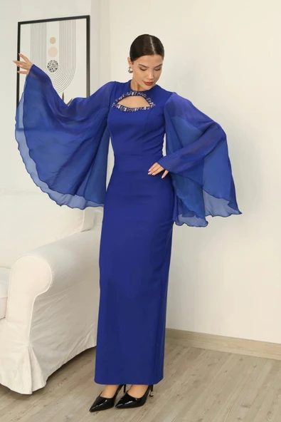 Dekoltesi İşlemeli Pelerinli Kol Abiye Elbise 2349-Saks - Resim 4