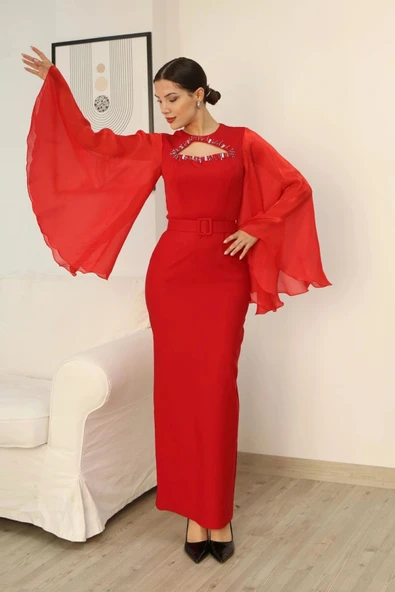 Dekoltesi İşlemeli Pelerinli Kol Abiye Elbise 2349-Kırmızı - Resim 3