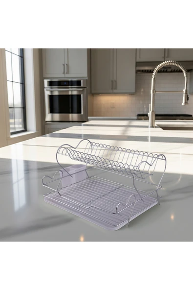 Kiwa Metal Love Model 2 Katlı Paslanmaz Krom Bulaşık Sepeti Tabaklık - Bulaşıklık ürün görseli 1