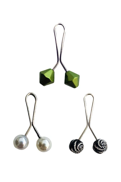 3 Adet Tesettür Eşarp ve Şal Klipsi İnci Beyaz Siyah Desenli Yeşil ürün görseli