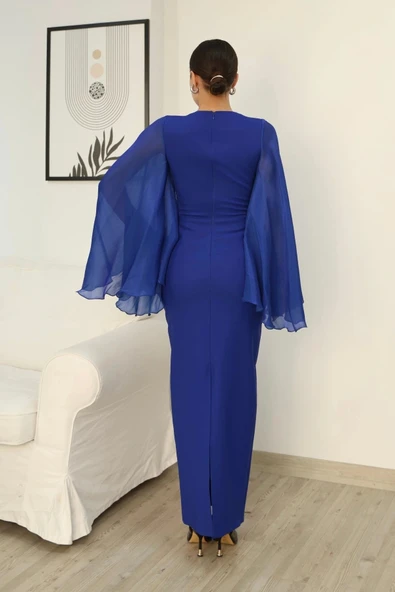 Dekoltesi İşlemeli Pelerinli Kol Abiye Elbise 2349-Saks - Resim 7