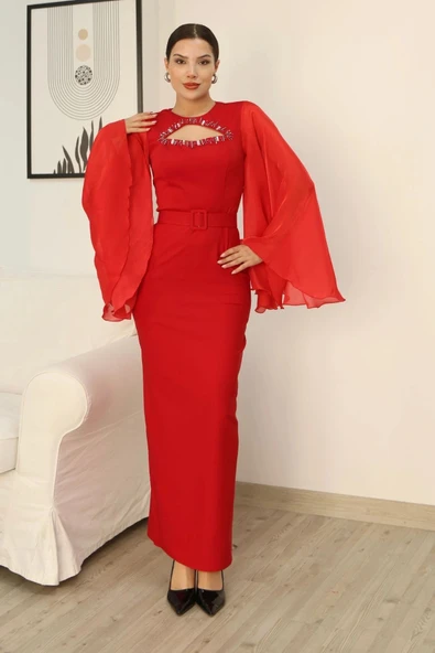 Dekoltesi İşlemeli Pelerinli Kol Abiye Elbise 2349-Kırmızı ürün görseli 1