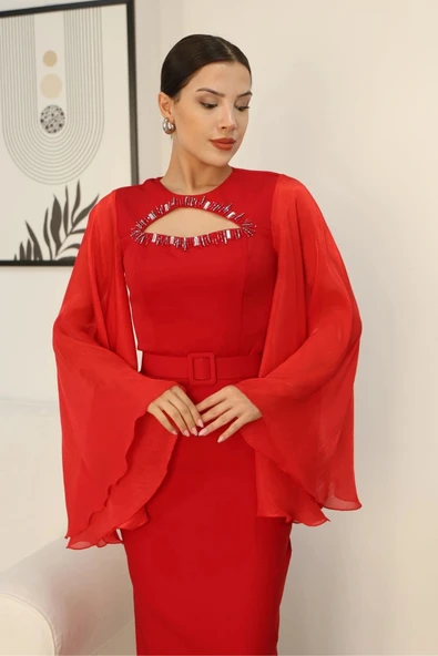 Dekoltesi İşlemeli Pelerinli Kol Abiye Elbise 2349-Kırmızı - Resim 5