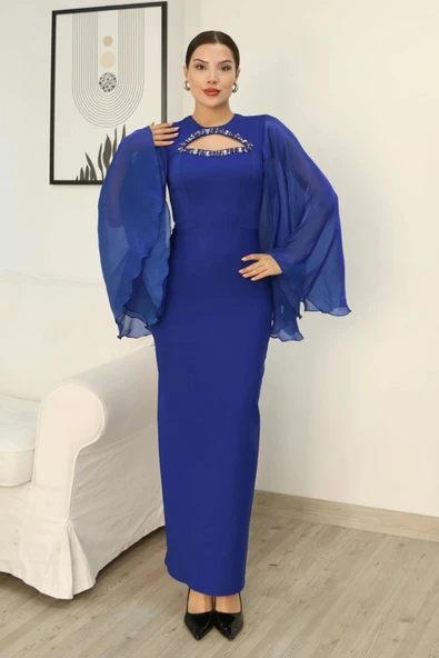 Dekoltesi İşlemeli Pelerinli Kol Abiye Elbise 2349-Saks - Resim 5