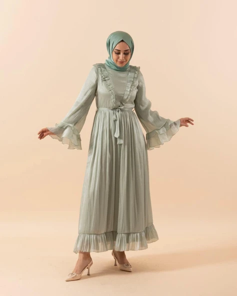 3059 STİLİFE KOL VOLAN ABİYE ELBİSE - Resim 5