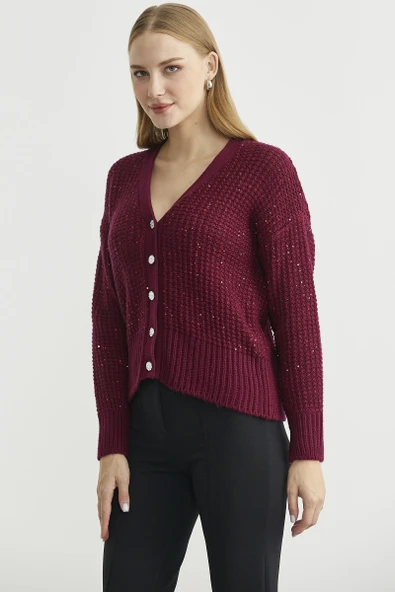 Payet Detaylı Yünlü Triko Hırka - Bordo - Resim 5