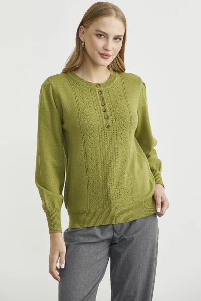 Yarım Düğmeli Yuvarlak Yaka Triko Kazak - Yeşil - Resim 3