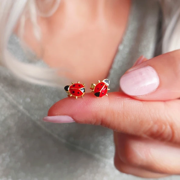 925 Ayar Gümüş Kırmızı Uğur Böceği Küpe ürün görseli