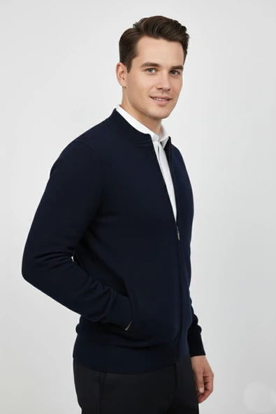 Erkek Hakim Yaka Astarlı Triko Fermuarlı Mont BGL-ST04832 - Resim 5