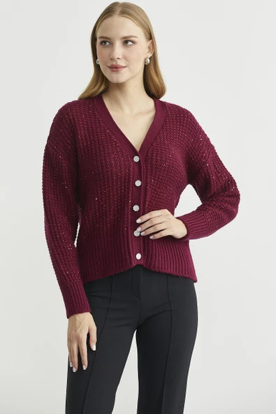 Payet Detaylı Yünlü Triko Hırka - Bordo - Resim 2