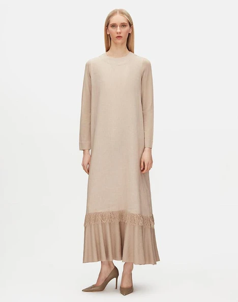 T25Y-4069 MISSDALIDA ETEK UCU PÜSKÜLLÜ KETEN ELBİSE - Resim 4