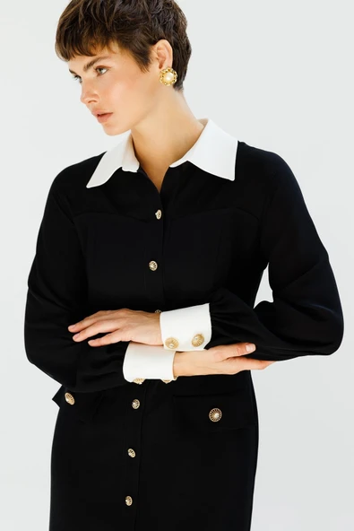 6070 MODAİLGİ ŞİFON KUMAŞ MİX DETAYLI DÜĞME ELBİSE - Resim 6