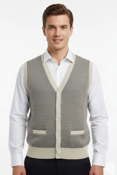 Erkek Düğmeli Yelek Cepli Çelik Örgü Klasik Kalıp BGL-ST04835 - Resim 3