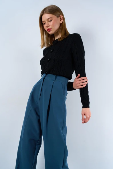 TK241059 QUSTYLE SAÇ ÖRGÜLÜ ÇİÇEKLİ KAZAK - Resim 5