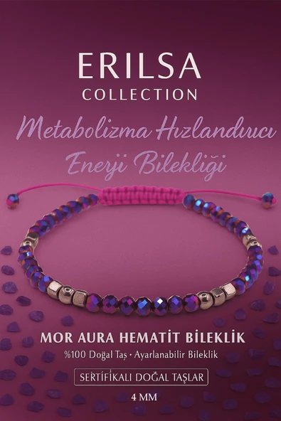Sertifikalı Metabolizma Hızlandırıcı Enerji Bilekliği -  Mor Aura Hematit Terahertz Doğal Taş 4mm ürün görseli