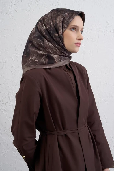 Çiçek Desenli Twill İpek Eşarp -2025/2026 -9409D - Resim 9