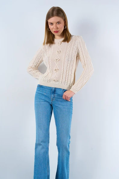 TK241059 QUSTYLE SAÇ ÖRGÜLÜ ÇİÇEKLİ KAZAK - Resim 7