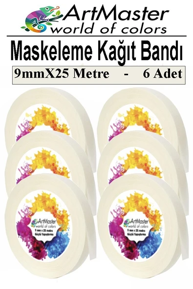 Kağıt Bant Maskeleme Bandı 9 mm 25 Metre 6 Adet Boya Bantı Maskeleme Kağıt Bant Duvar Yağlı Boya Badana Genel Amaç ürün görseli