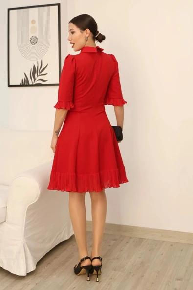 Göğüs Dekolteli El İşlemeli Gömlek Yaka Elbise 2310-Kırmızı - Resim 6