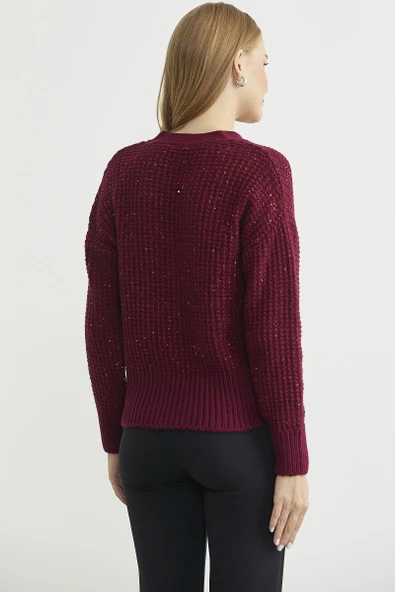 Payet Detaylı Yünlü Triko Hırka - Bordo - Resim 6
