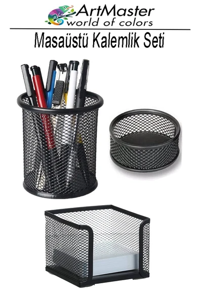 Masaüstü Siyah Fileli Kalemlik Seti 3 Lü 1 Paket Kalemlik Küp Notluk Ataşlık Masa Üstü Düzenleyici Ofis Büro ürün görseli