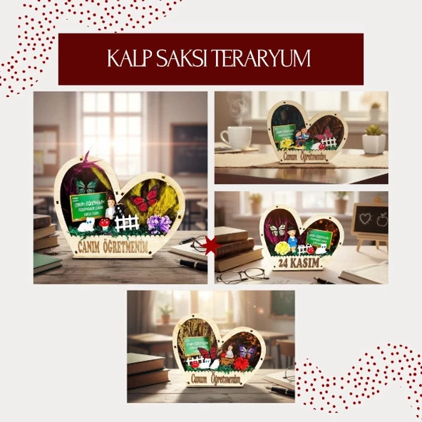 Kalp Saksı Teraryum - Öğretmenler Günü Hediyesi - Resim 2
