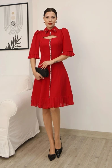 Göğüs Dekolteli El İşlemeli Gömlek Yaka Elbise 2310-Kırmızı ürün görseli