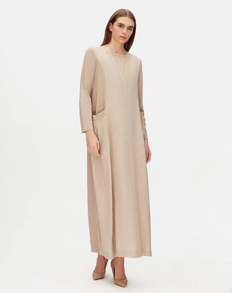 T25Y-4076 MISSDALIDA V YAKA TRİKO ASTARLI KETEN ELBİSE - Resim 7