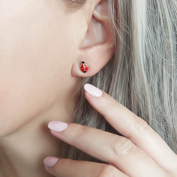 925 Ayar Gümüş Kırmızı Uğur Böceği Küpe - Resim 2