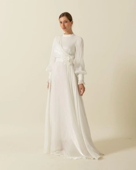 3067 STİLİFE KOL PİLİSE KUŞAK GÜLLÜ ELBİSE - Resim 3