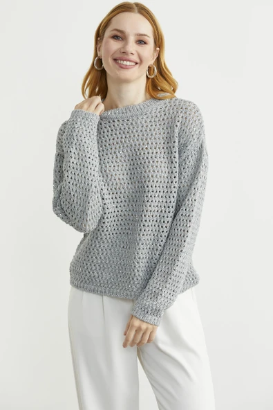 Payetli File Motif Triko Kazak - Gri - Resim 3