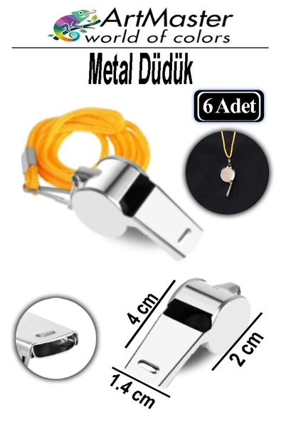 Metal Düdük 6 Adet İpli Paslanmaz Metal Kaliteli Deprem Düdügü Hakem Bekçi Can Kurtaran Düdük Yüksek Desibeli ürün görseli