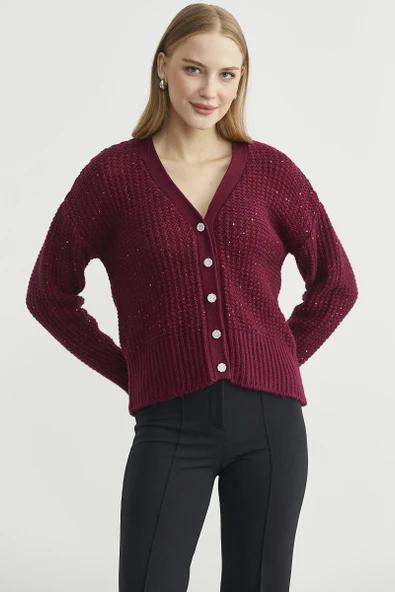 Payet Detaylı Yünlü Triko Hırka - Bordo - Resim 3