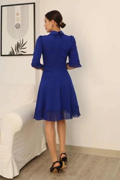 Göğüs Dekolteli El İşlemeli Gömlek Yaka Elbise 2310-Saks - Resim 6