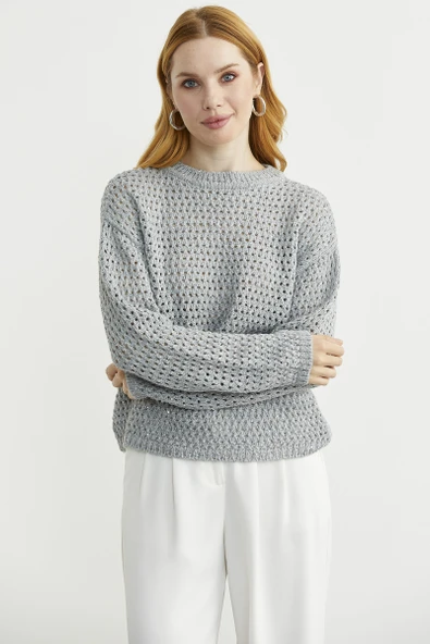 Payetli File Motif Triko Kazak - Gri ürün görseli