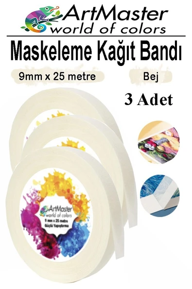 Kağıt Bant Maskeleme Bandı 9 mm 25 Metre 3 Adet Boya Bantı Maskeleme Kağıt Bant Duvar Yağlı Boya Badana Çok Amaçlı ürün görseli