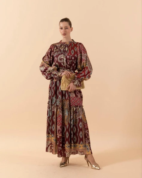 3056 STİLİFE ŞAL SATEN ETRO ELBİSE - Resim 6