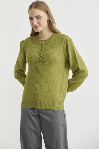Yarım Düğmeli Yuvarlak Yaka Triko Kazak - Yeşil - Resim 2