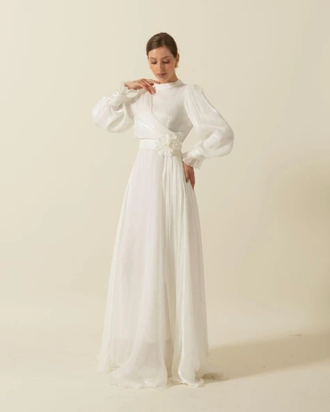 3067 STİLİFE KOL PİLİSE KUŞAK GÜLLÜ ELBİSE - Resim 9