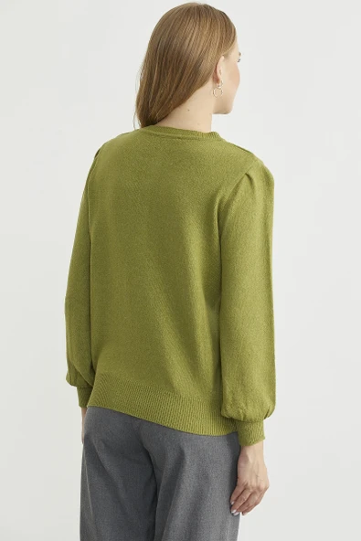 Yarım Düğmeli Yuvarlak Yaka Triko Kazak - Yeşil - Resim 6